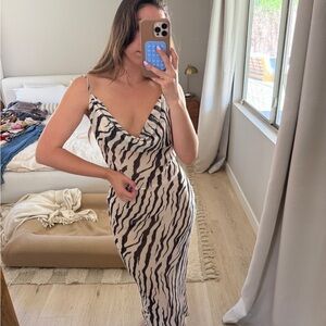 Black and White Bodycon Midi Dress with Plunge Neckline